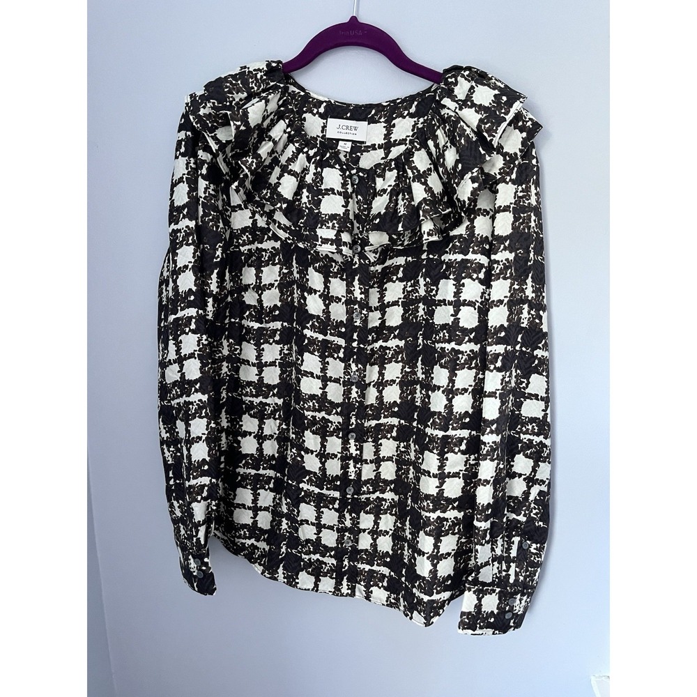 J.Crew Collection Silk Twill Ruffle Collar Top Womens Sz M Brown Cream Plaid‎